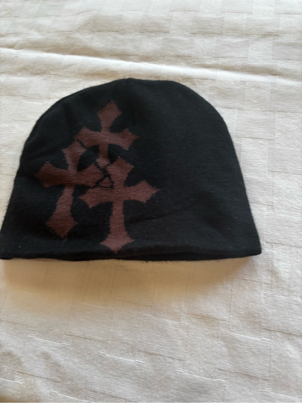 Black Beanie with Brown Cross Motif - Men's Hat